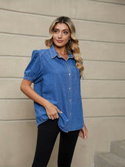 Short Sleeves Denim Shirt Single Breasted Button Lapel