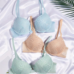 3pcs Contrast Lace Push Up Bras Front Buckle