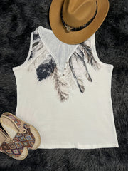 Feather Print Button Front Tank Top