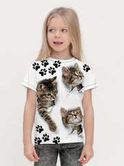 3D Kitty & Paw Short Sleeve T-shirt - Summer Clothes