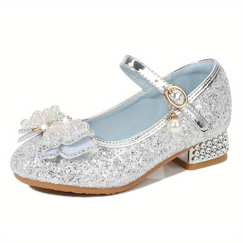 Glitter Bowknot Dress Shoes Low Heel for Kids