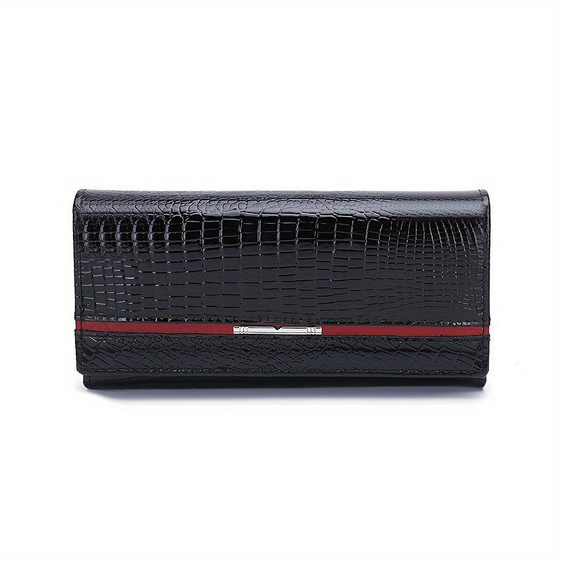 Crocodile Pattern Leather Wallet Button Closure Flap Pocket