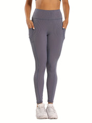 High Waist Yoga Leggings With Pocket Ribbed Knitting Crop Pants