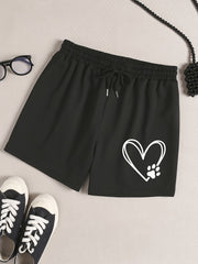 Heart & Puppy Paw Print Elastic Waist Shorts