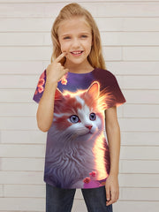 Sweet Cat Graphic Short Sleeve T shirt for Girls Summer Gift