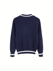 Striped Print Knit Sweater V Neck Long Sleeve Women's Clothing