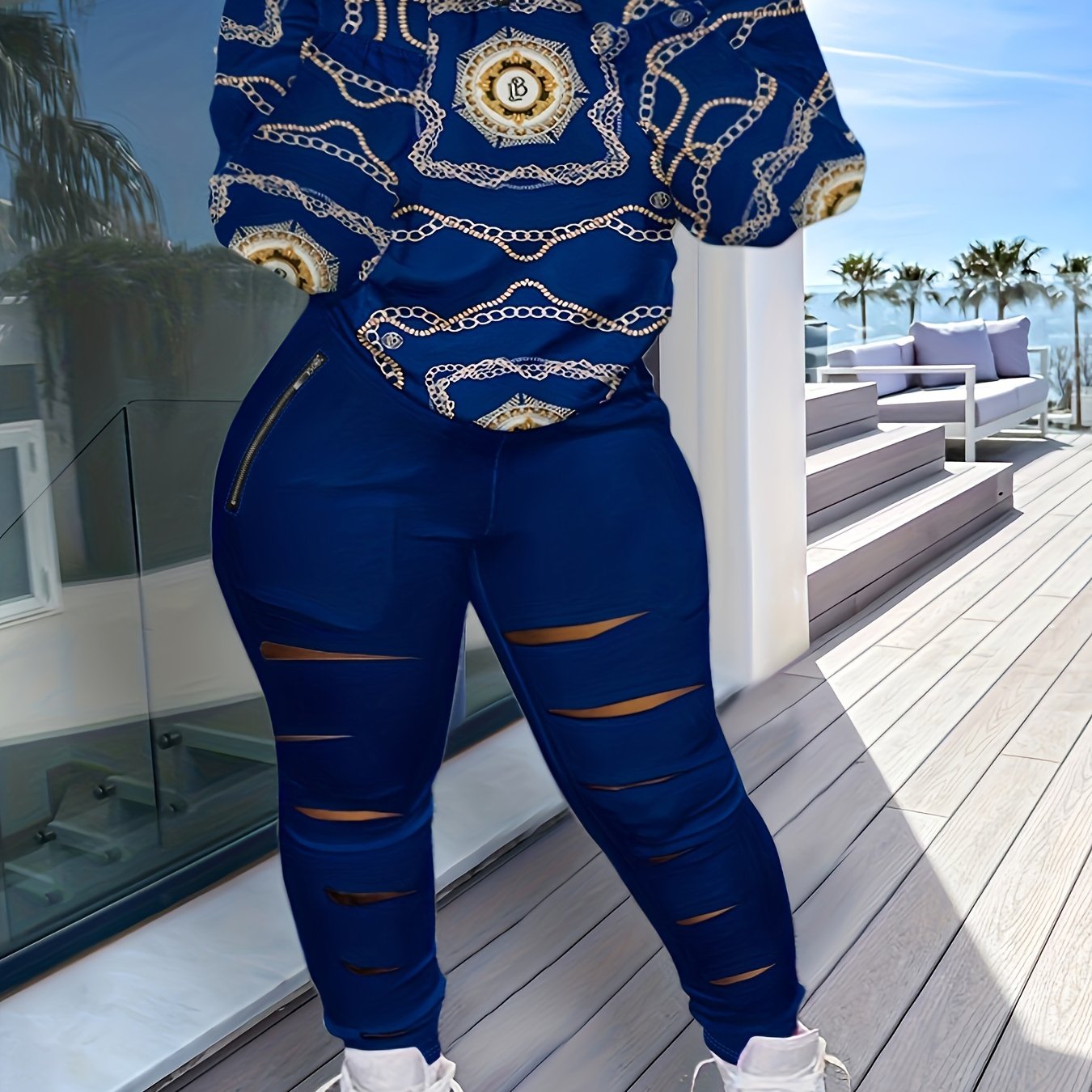 Chain Print Top & Ripped Leggings Set