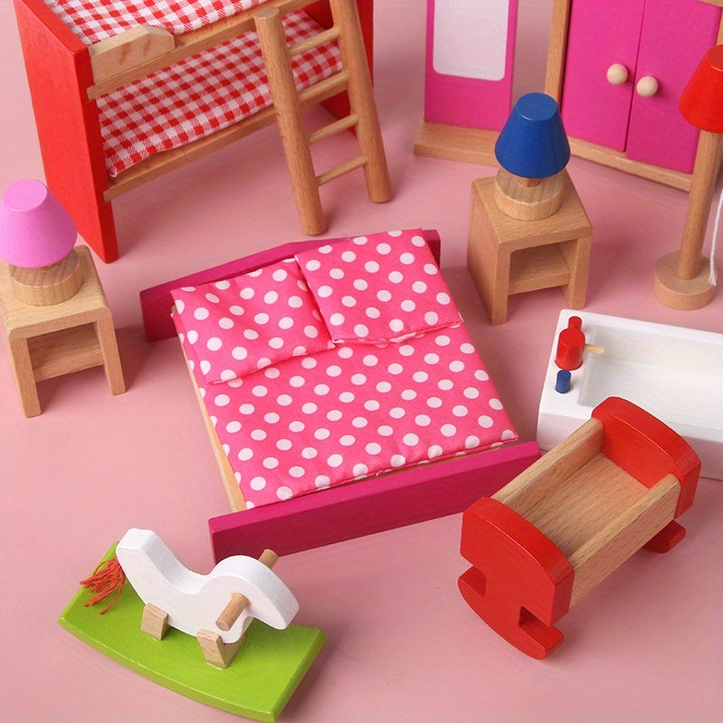 Wooden Bedroom Toys 7 Sets for Kids Pretend Play Home Bedroom