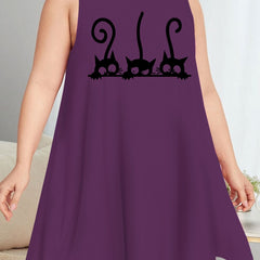 Casual Nightdress Women's Plus Cat Print Round Neck Tank Sleep Dress