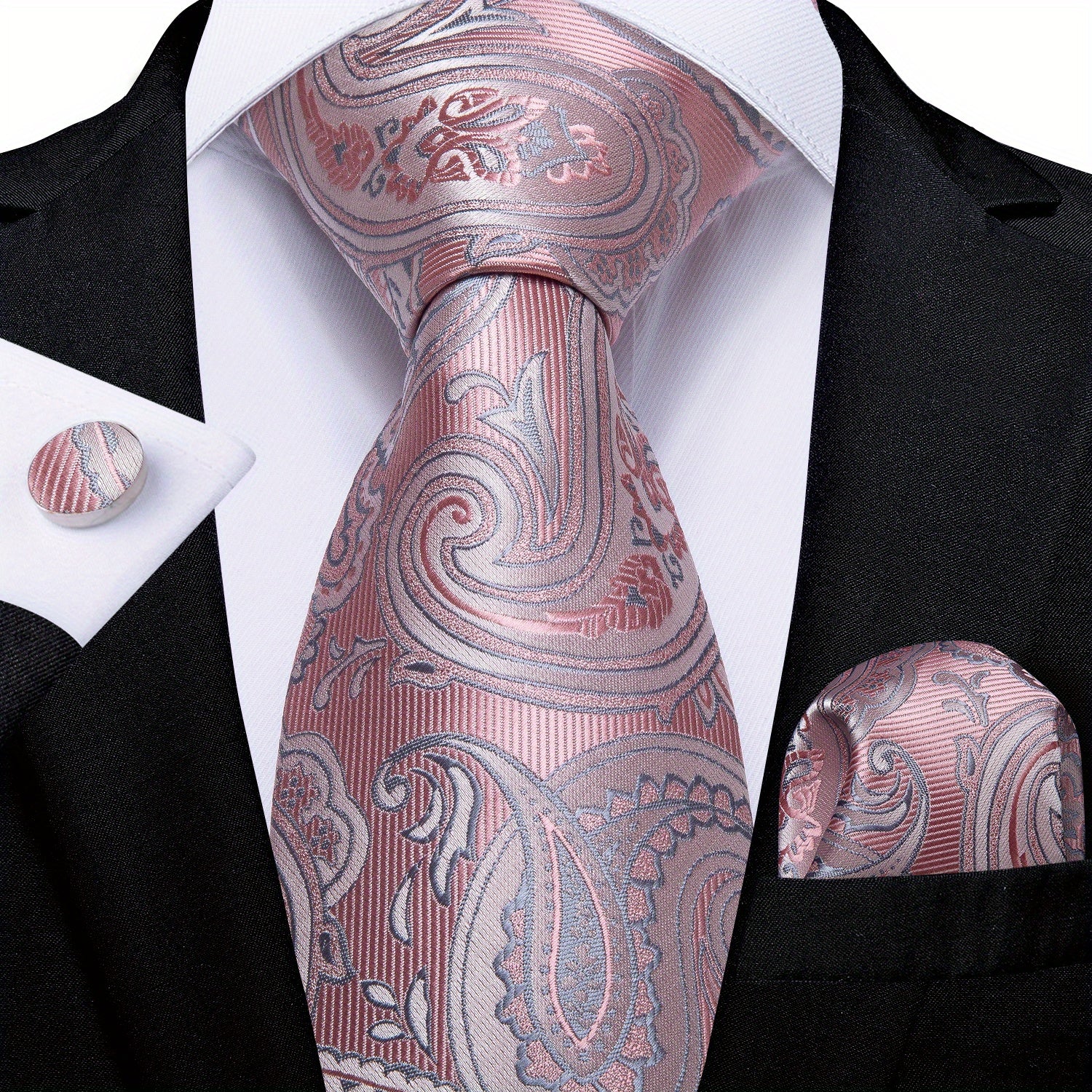 Dibangu Men's Pink Paisley Striped Silk Woven Necktie Set