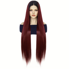 Long Straight Hair Wine Red Brown Coffee Wig Synthetic Lace Front Wig
