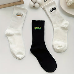 3 Pairs Letter Embroidery Crew Socks Comfy Breathable Sports Stockings