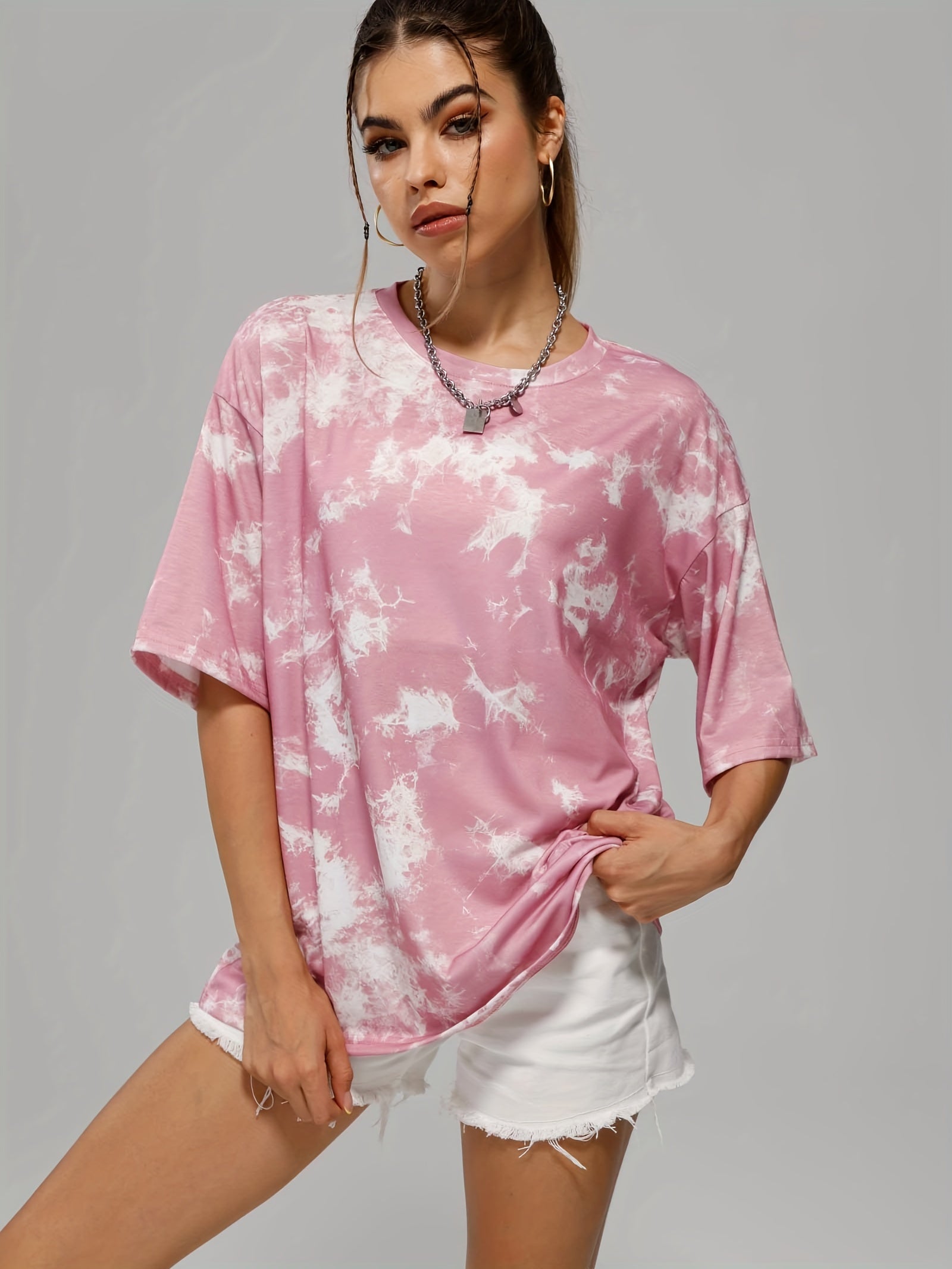 Tie Dye Crew Neck Sports T Shirt Short Sleeve Casual Summer Tee Women's Top