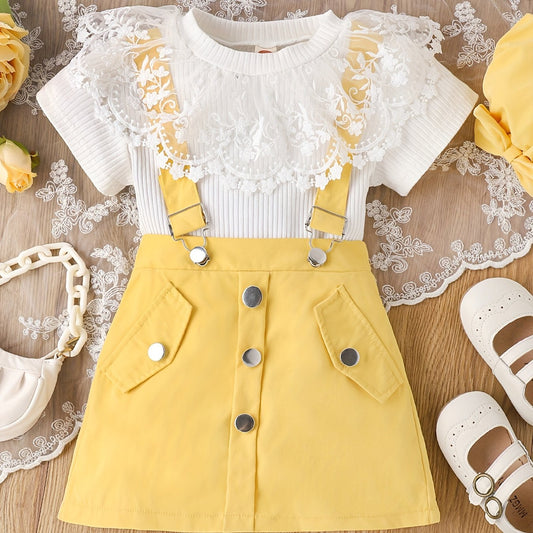 Girls Ribbed T shirt & Short Skirt Jumpsuit Set Lace Decor Tee Top Romper
