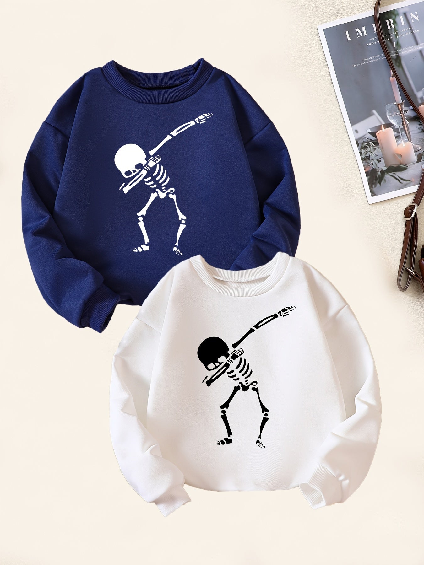 2pcs Skeleton Dancing Print Boys Sweatshirt Long Sleeve Crew Neck Tops