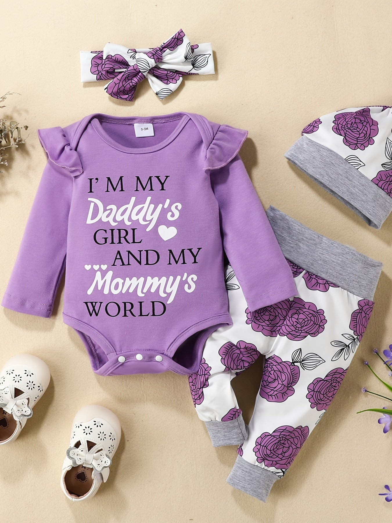 4pcs Baby Letter Flower Print Outfit Set for Girls