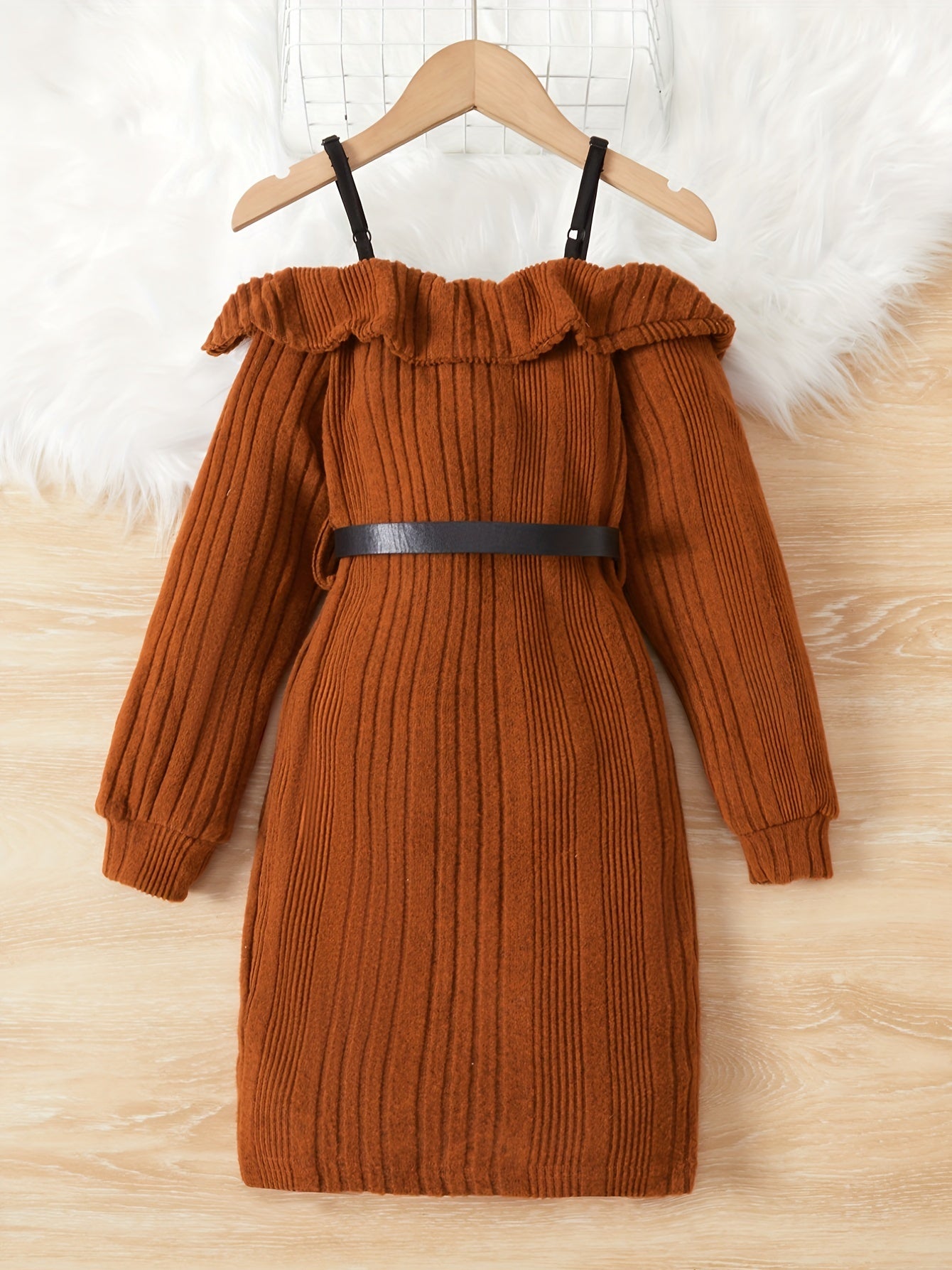 Girls Off Shoulder Long Sleeve Knitted Dress