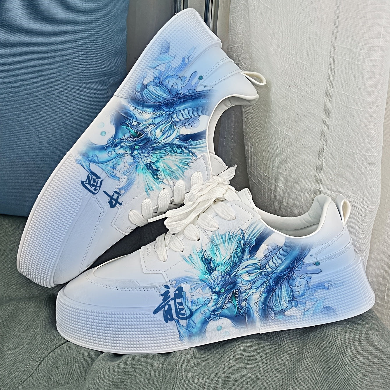 Men's Dragon Print Platform Sneakers Lace-up Skate Shoes
