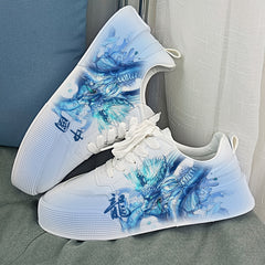 Men's Dragon Print Platform Sneakers Lace-up Skate Shoes