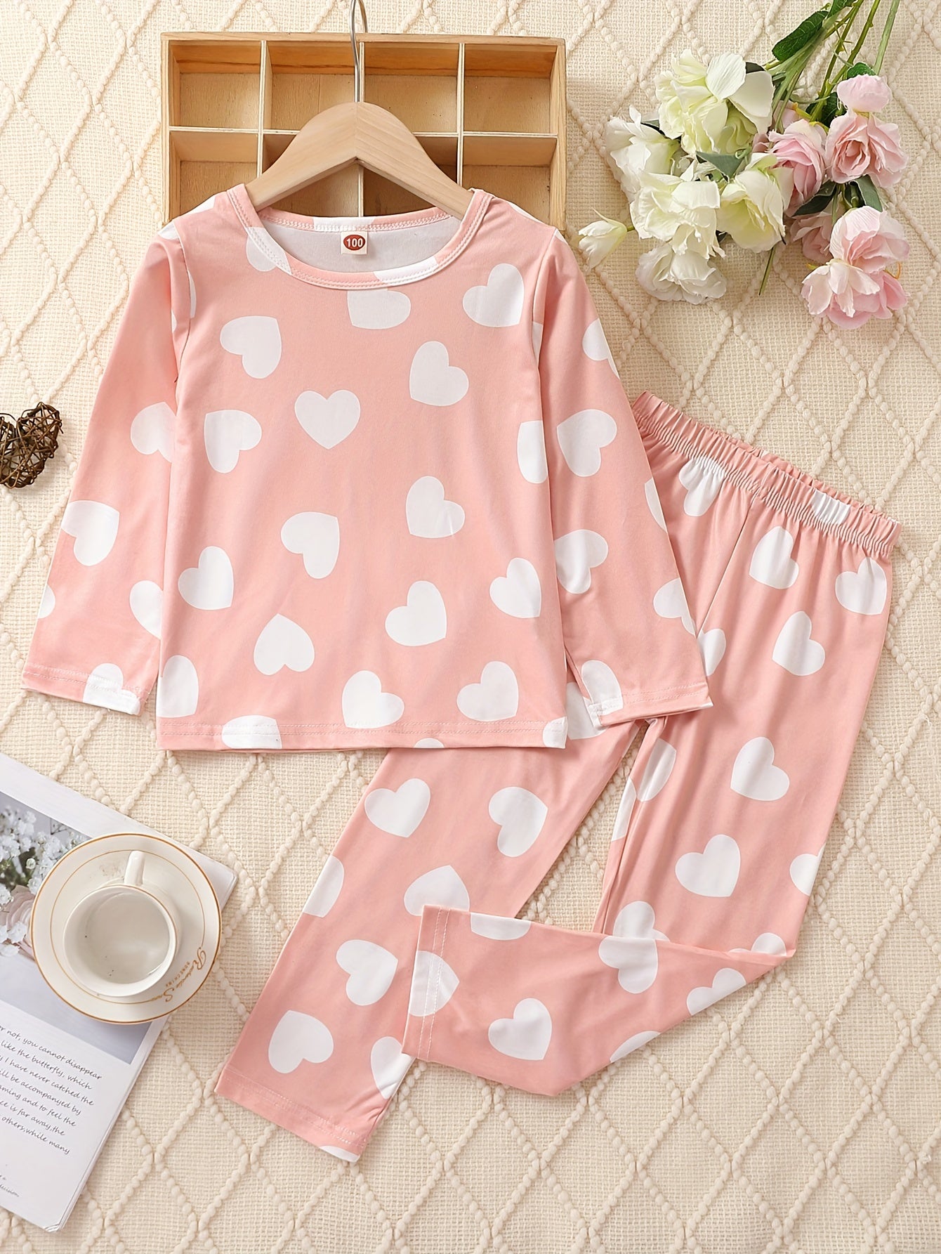 Heart Print Kid's Pajamas 2pcs Long Sleeve Top & Pants Set