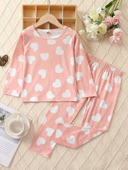 Heart Print Kid's Pajamas 2pcs Long Sleeve Top & Pants Set