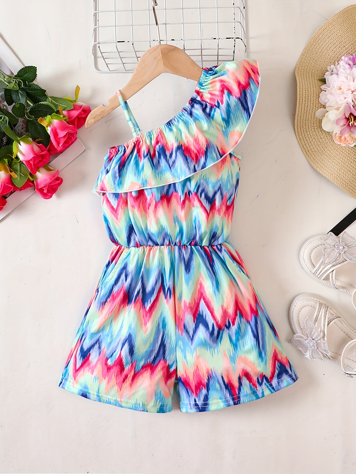 Girls Tie Dye Sleeveless Ruffle Trim Jumpsuit Kids Summer Outfit