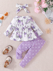 Baby Girls Floral Print Top & Pants Set For Spring And Autumn