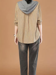 Striped Button Front Hooded Jacket Spring & Fall Women's Clothing