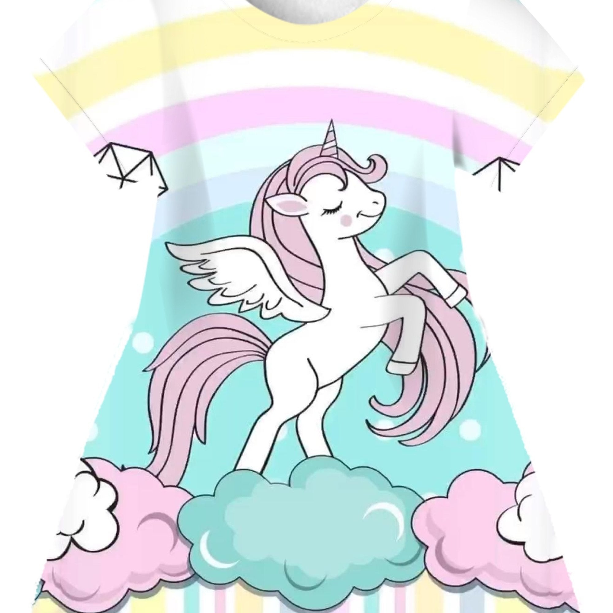 Girl's Rainbow & Flying Pony Dress Short Sleeve Crew Neck Princess Dress