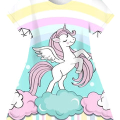 Girl's Rainbow & Flying Pony Dress Short Sleeve Crew Neck Princess Dress