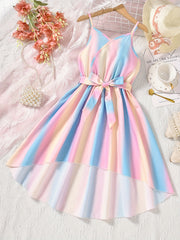 Girls' Rainbow V-Neck Dress High Low Belted Cami for Vacation Summer