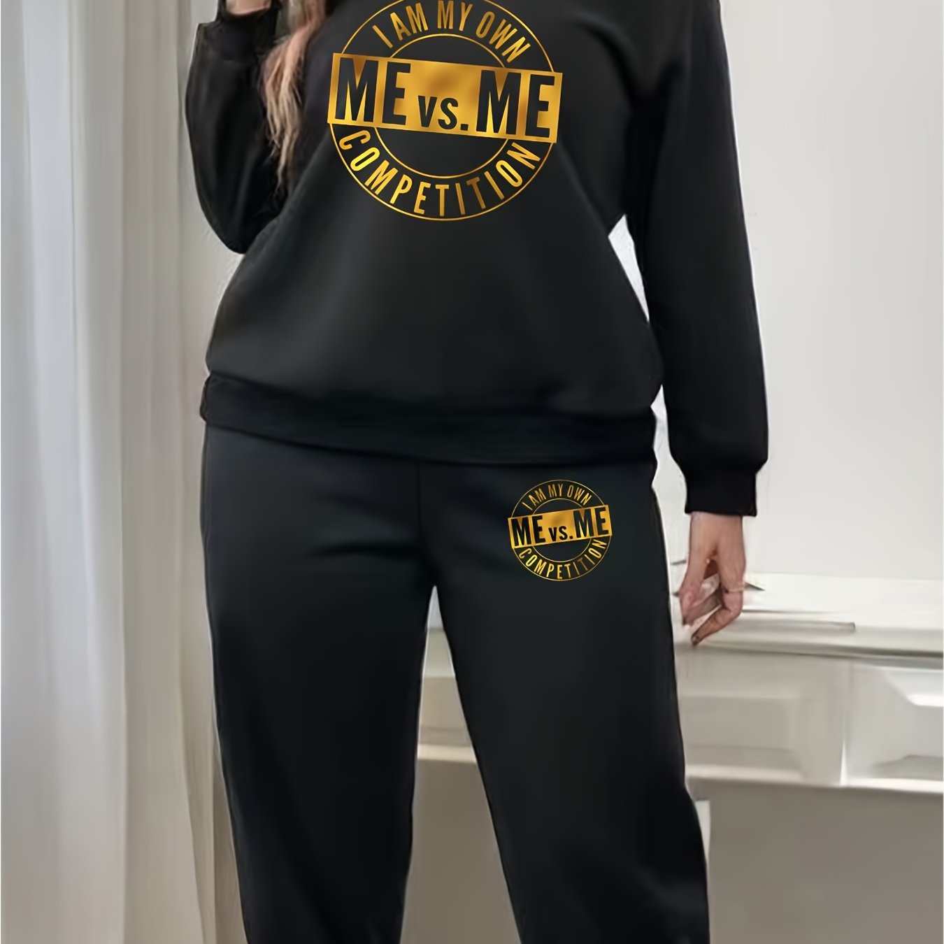 Women's Plus Slogan Print Fleece Sweatshirt & Jogger Set