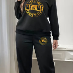 Women's Plus Slogan Print Fleece Sweatshirt & Jogger Set