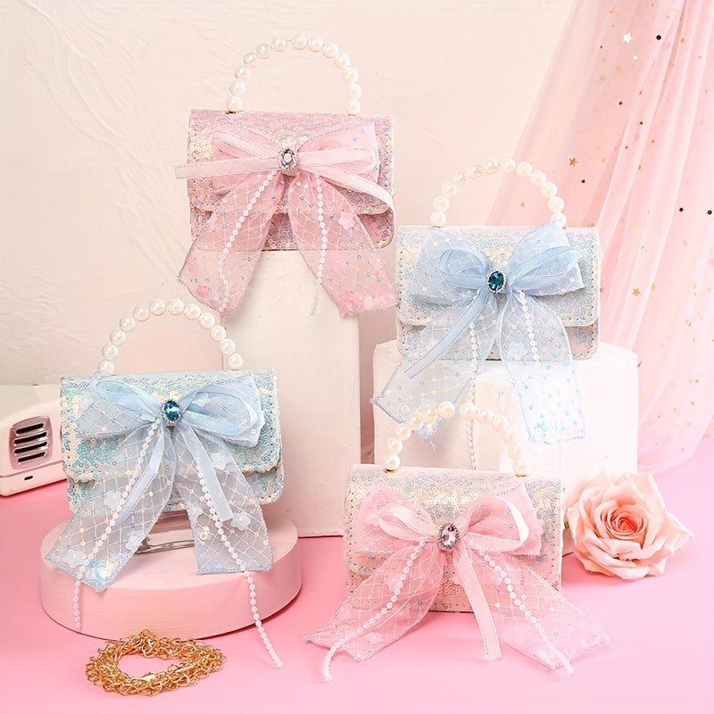 Sweet Princess Girls Bow Diamond Handbag with Pearl Handle