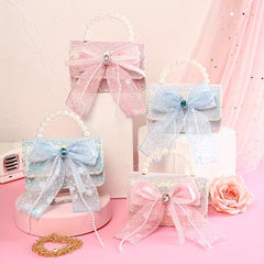 Sweet Princess Girls Bow Diamond Handbag with Pearl Handle