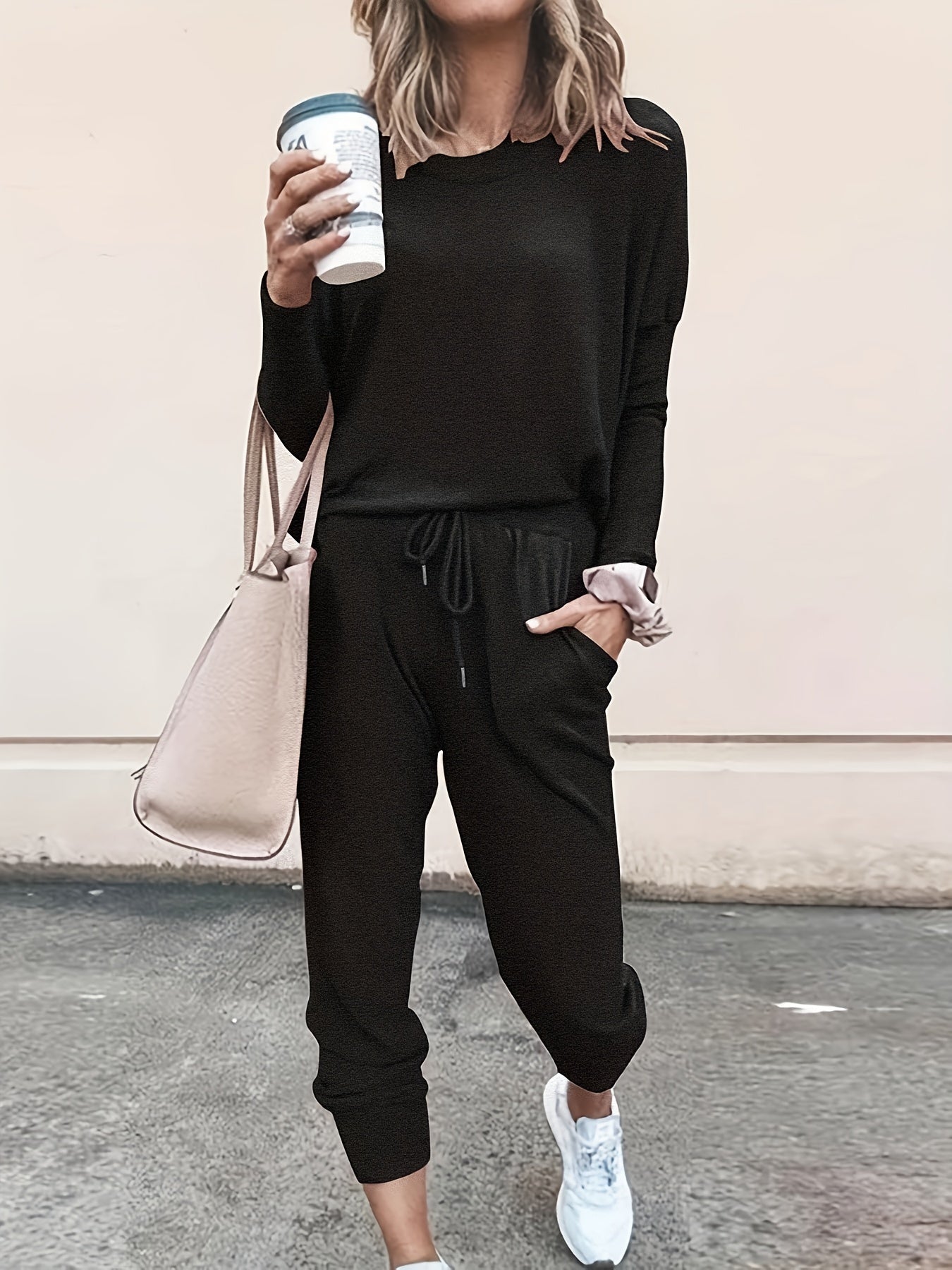 Solid Casual Two piece Set Crew Neck Long Sleeve Tops & Workout Pants