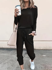 Solid Casual Two piece Set Crew Neck Long Sleeve Tops & Workout Pants