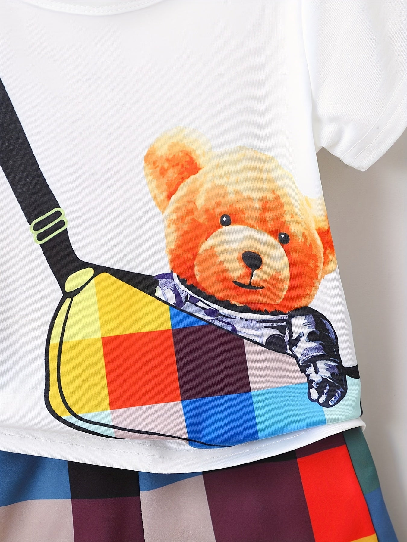 Boys Teen Bear Graphic Print T shirt & Plaid Shorts Set For Summer