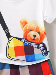 Boys Teen Bear Graphic Print T shirt & Plaid Shorts Set For Summer
