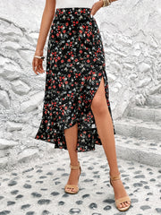 Floral Split Thigh Ruffle Trim Skirt High Waist Women's Clothing