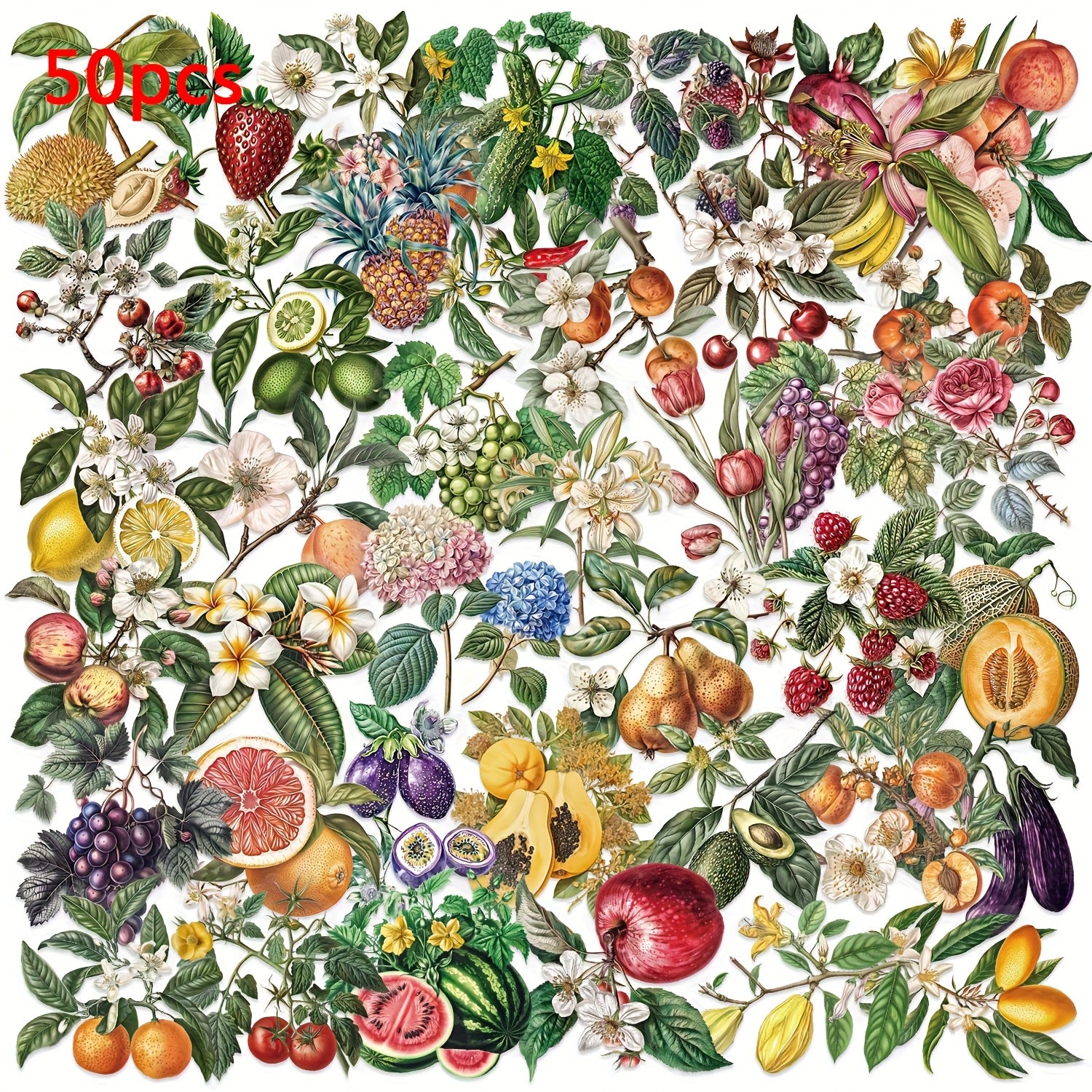 50pcs Vintage Plant & Fruit Stickers for DIY Luggage Party Food Labels