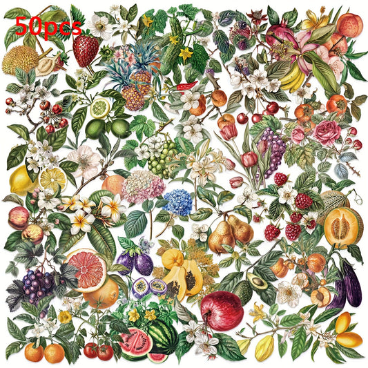 50pcs Vintage Plant & Fruit Stickers for DIY Luggage Party Food Labels