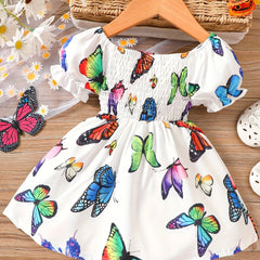 Baby Girls Butterfly Floral Print Puff Sleeve Dress for Summer