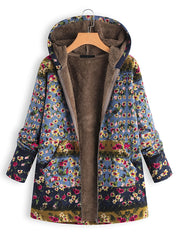 Floral Print Hooded Padded Coat Winter Outerwear