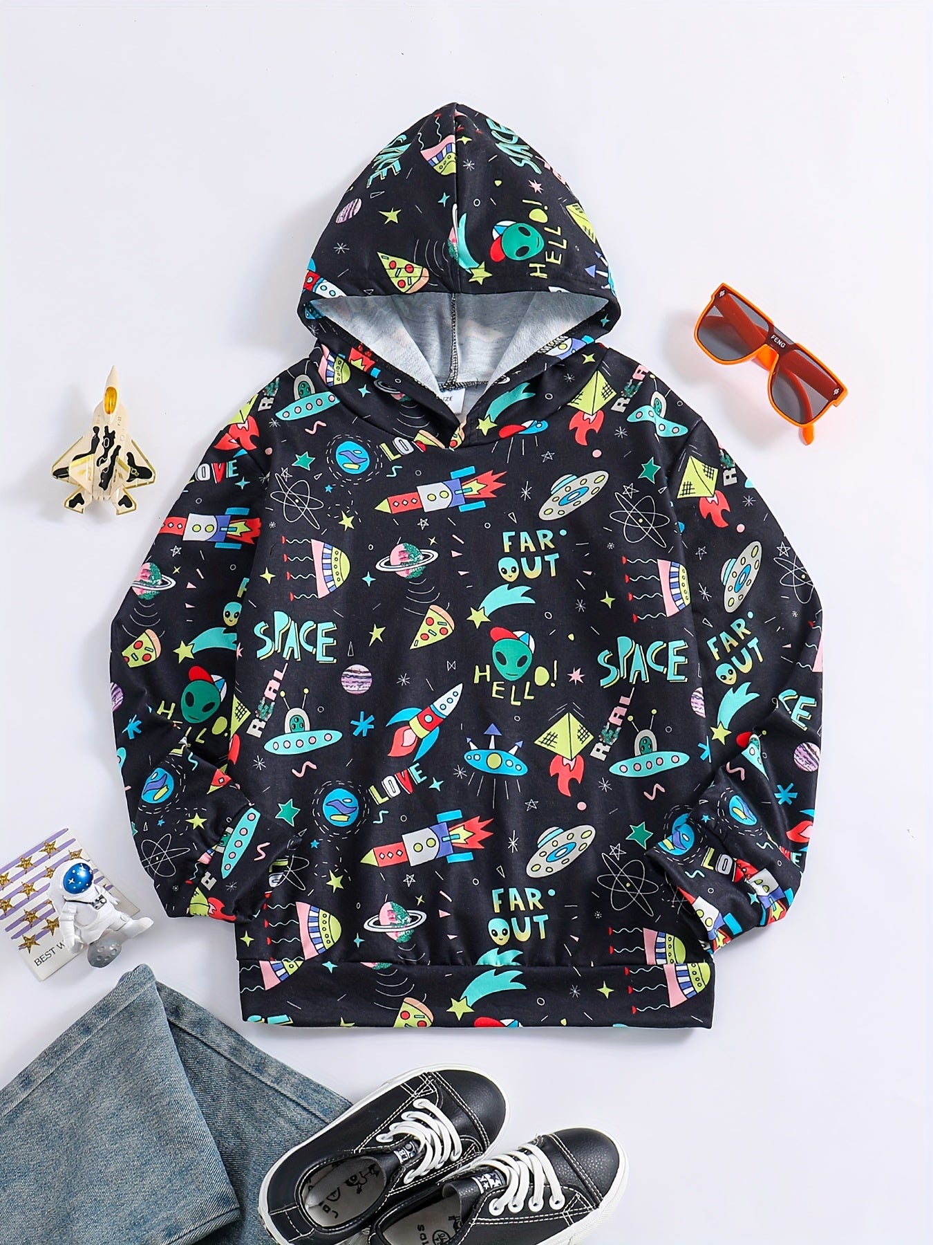 Cartoon Space Print Boys Hooded Sweatshirt