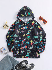 Cartoon Space Print Boys Hooded Sweatshirt