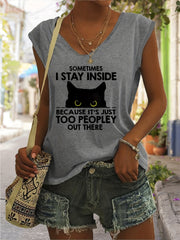 Cartoon Cat Print Tank Top V Neck Casual Top for Women