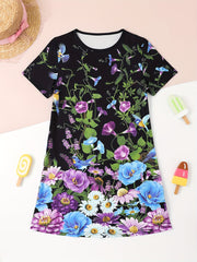 Butterfly Print Short Sleeve Dress for Summer Party Girls