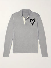 Heart Pattern Knit Polo Shirt Men's Casual Lapel Middle Stretch V Neck Pullover