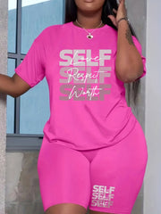 2 Piece Set Women's Plus Letter Print Tee & Shorts Outfits